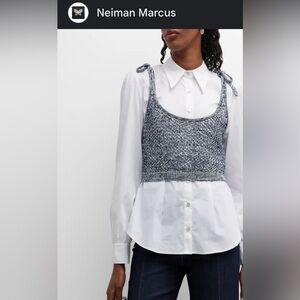 Cinq a Sept Elodie Top: Crochet combo knit poplins top navy white silver